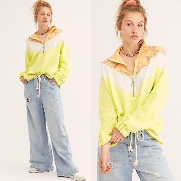 Free People Tops - FREE PEOPLE ‘Isla’ Crochet Quarter Zip Pullover Yellow Green Size S